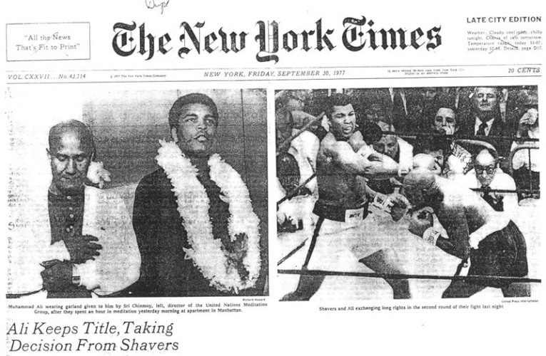 Front cover of the New York Times: Sri Chinmoy and Muhammad Ali meditate together prior to his bout with Earnie Shavers.